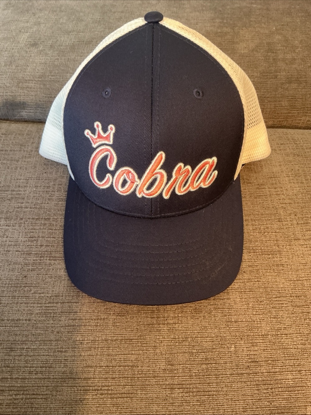 Cobra Script Trucker Hat - Navy & White with Red Accent